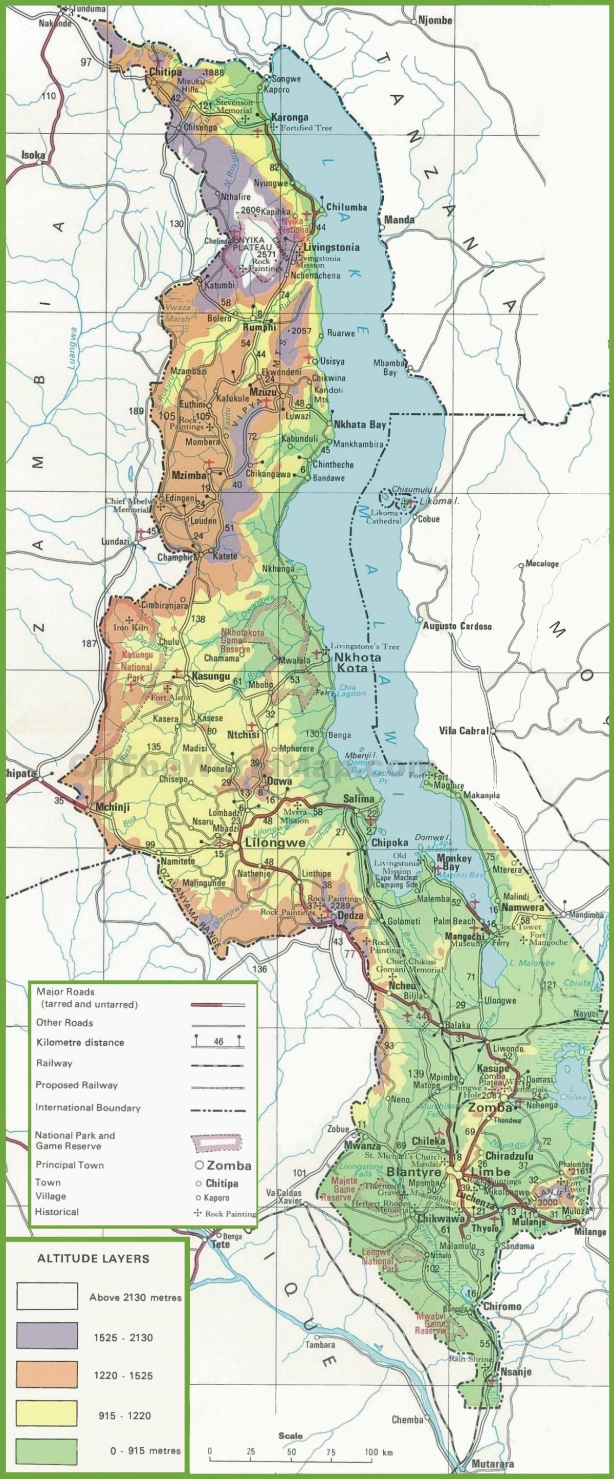 kart fiziki xəritəsi Malavi